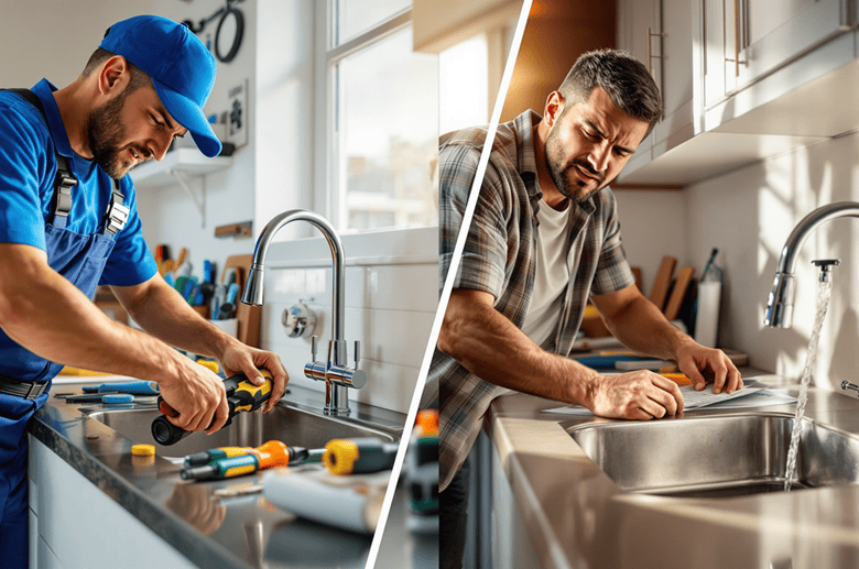 seattle plumbing services vs diy repair seattle plumbing services vs diy repair - man on the left is a plumber and the man on the right is a homeowner trying to fix kitchen faucet