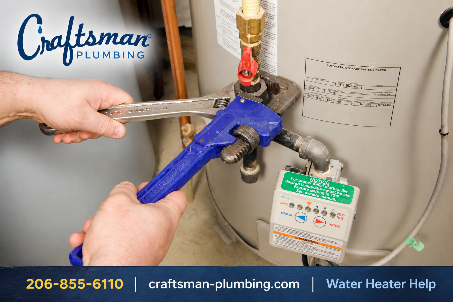 Close-up of a technician using a wrench to service a residential water heater, featuring Craftsman Plumbing branding with logo at top left and a footer displaying phone number, website, and “Water Heater Help.”
