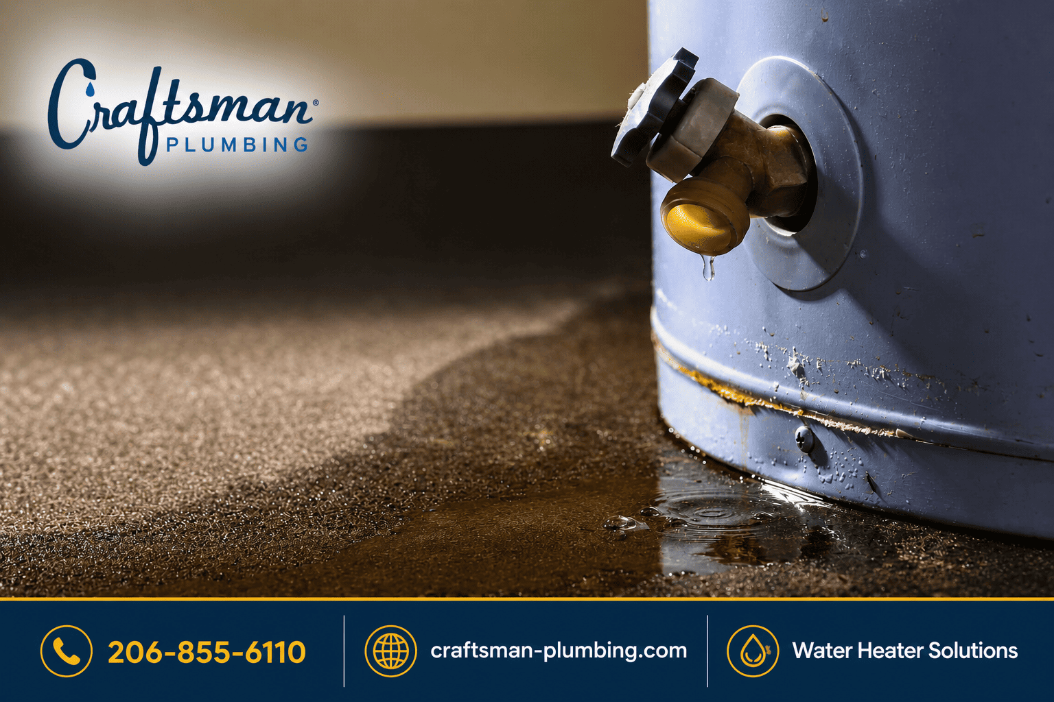 Close-up of a leaking residential water heater with visible rust and water pooling on the floor, branded with the Craftsman Plumbing logo in the top left and a footer displaying the phone number, website, and “Water Heater Solutions."