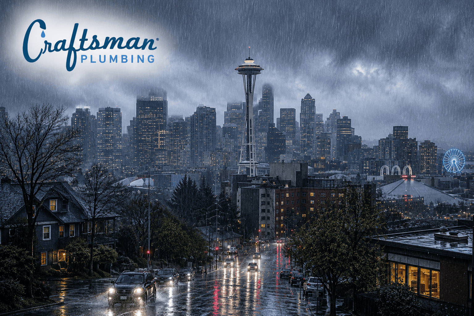 Rainy Seattle skyline with the Space Needle, wet streets, storm clouds, and the Craftsman Plumbing logo in the upper left corner.
