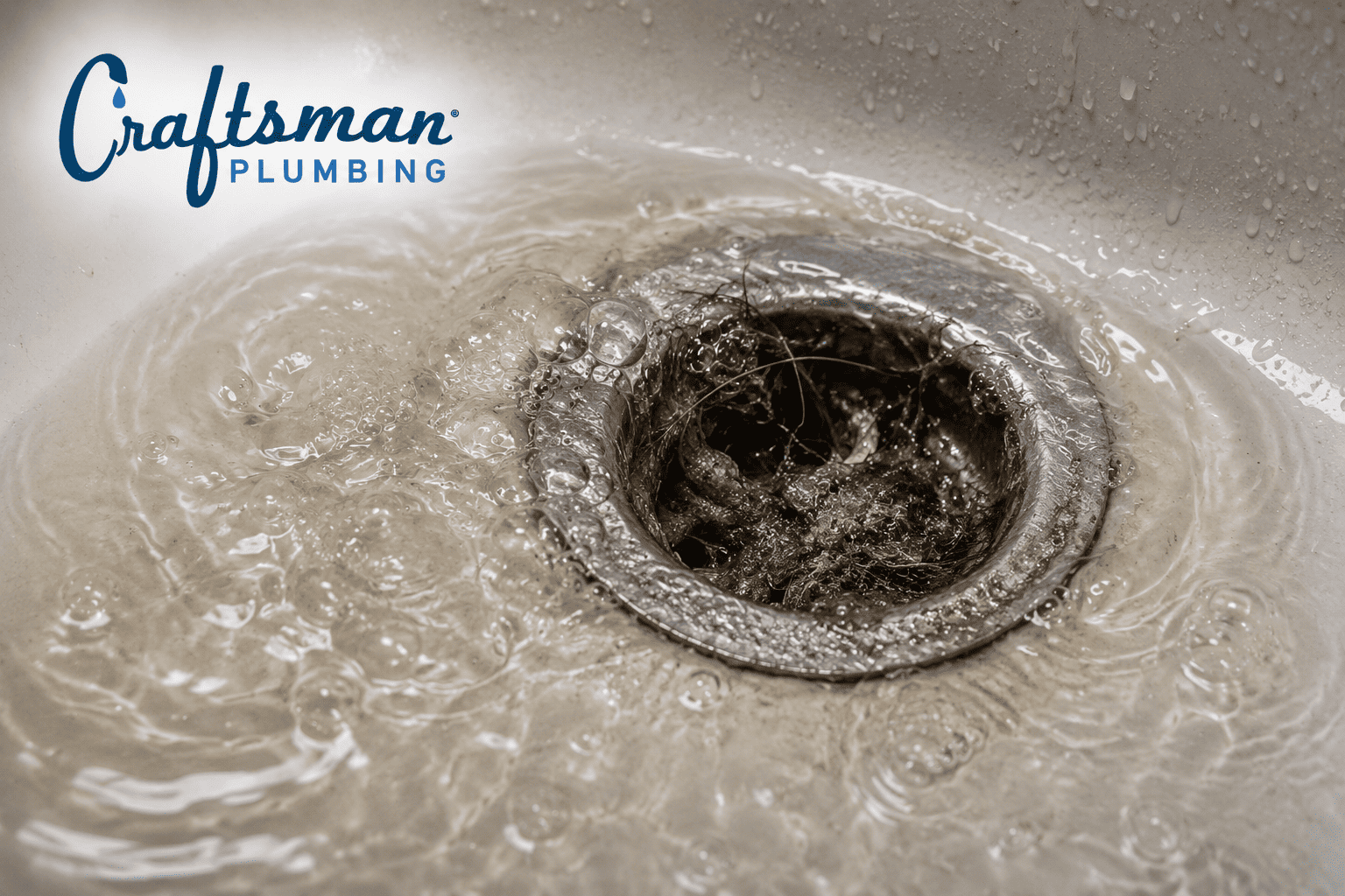 Clogged sink drain with standing water, debris, and hair buildup, featuring the Craftsman Plumbing logo in the upper left corner.