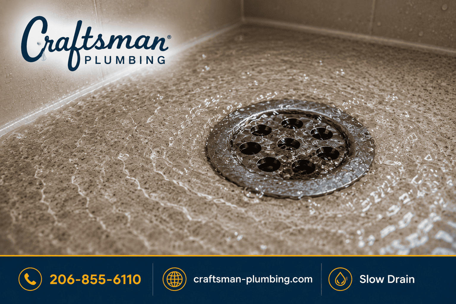 Slow shower drain with standing water during heavy rainfall, branded with Craftsman Plumbing footer and “Slow Drain” label.