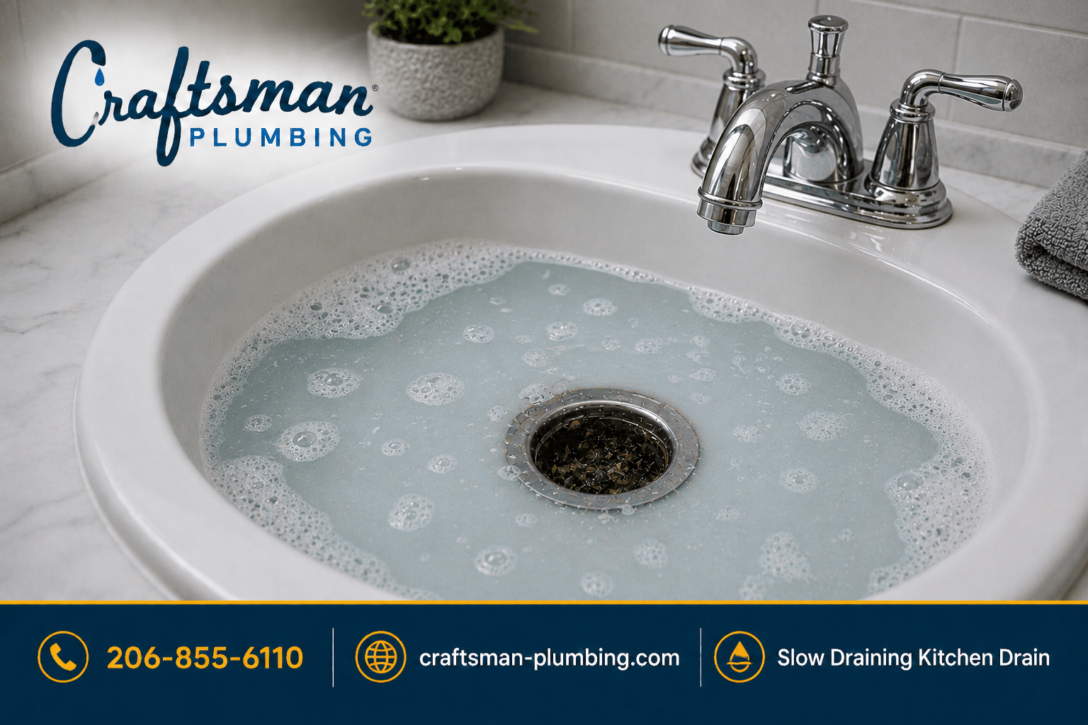 Bathroom sink with cloudy blue soapy water draining slowly, featuring the Craftsman Plumbing logo and a footer labeled “Slow Draining Kitchen Drain.”