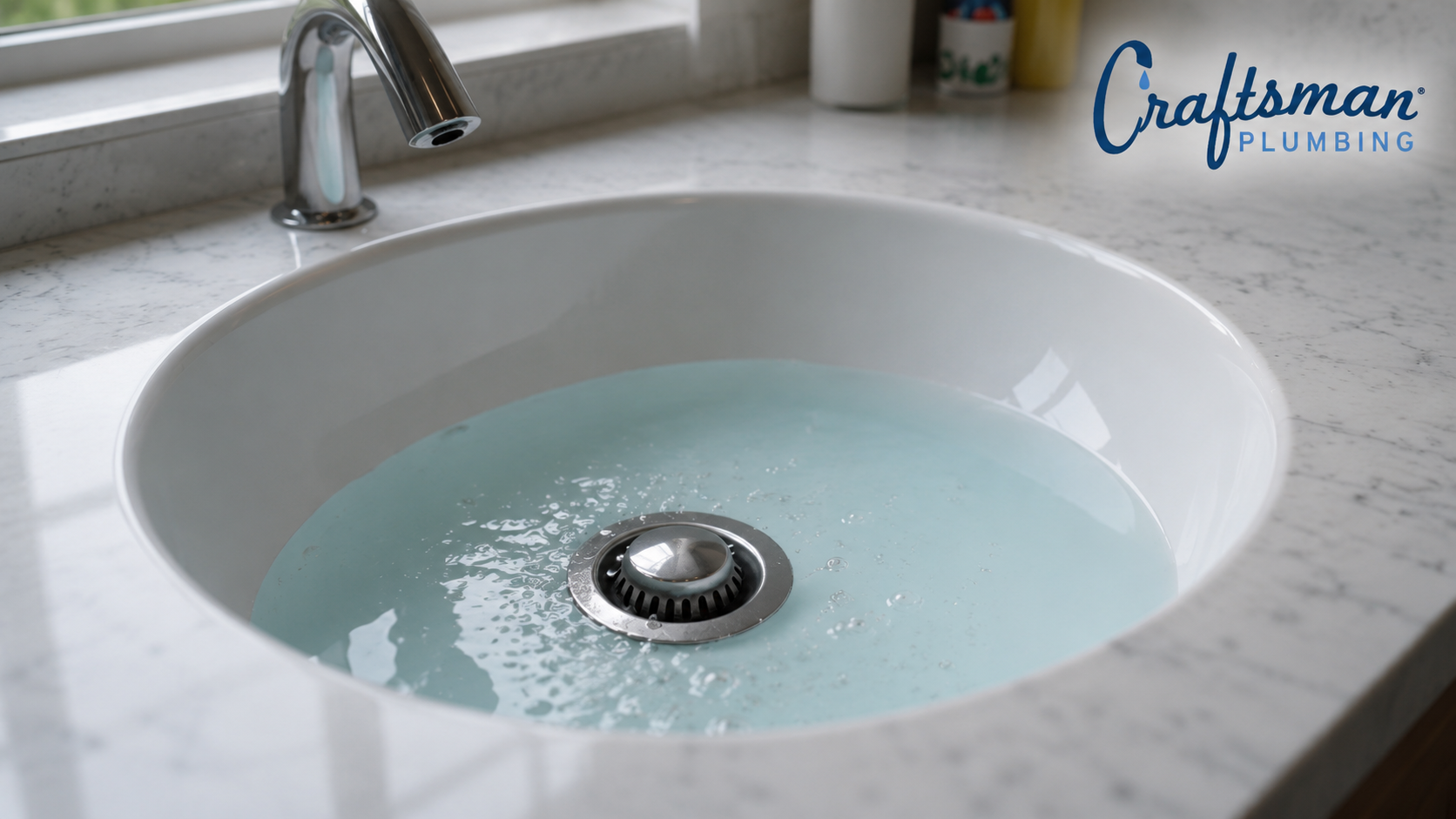 Bathroom sink with light blue soapy water draining slowly, chrome faucet, and Craftsman Plumbing logo in the upper right corner.