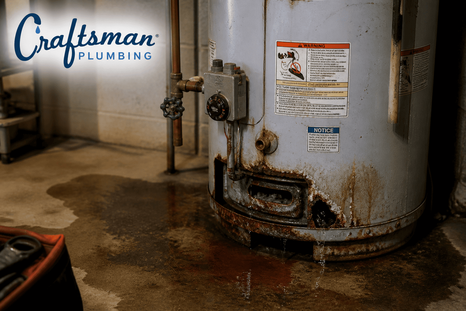 Close-up of a severely corroded and leaking water heater in a basement utility area, with rust buildup, water pooling on the floor, and the Craftsman Plumbing logo displayed in the upper left.
