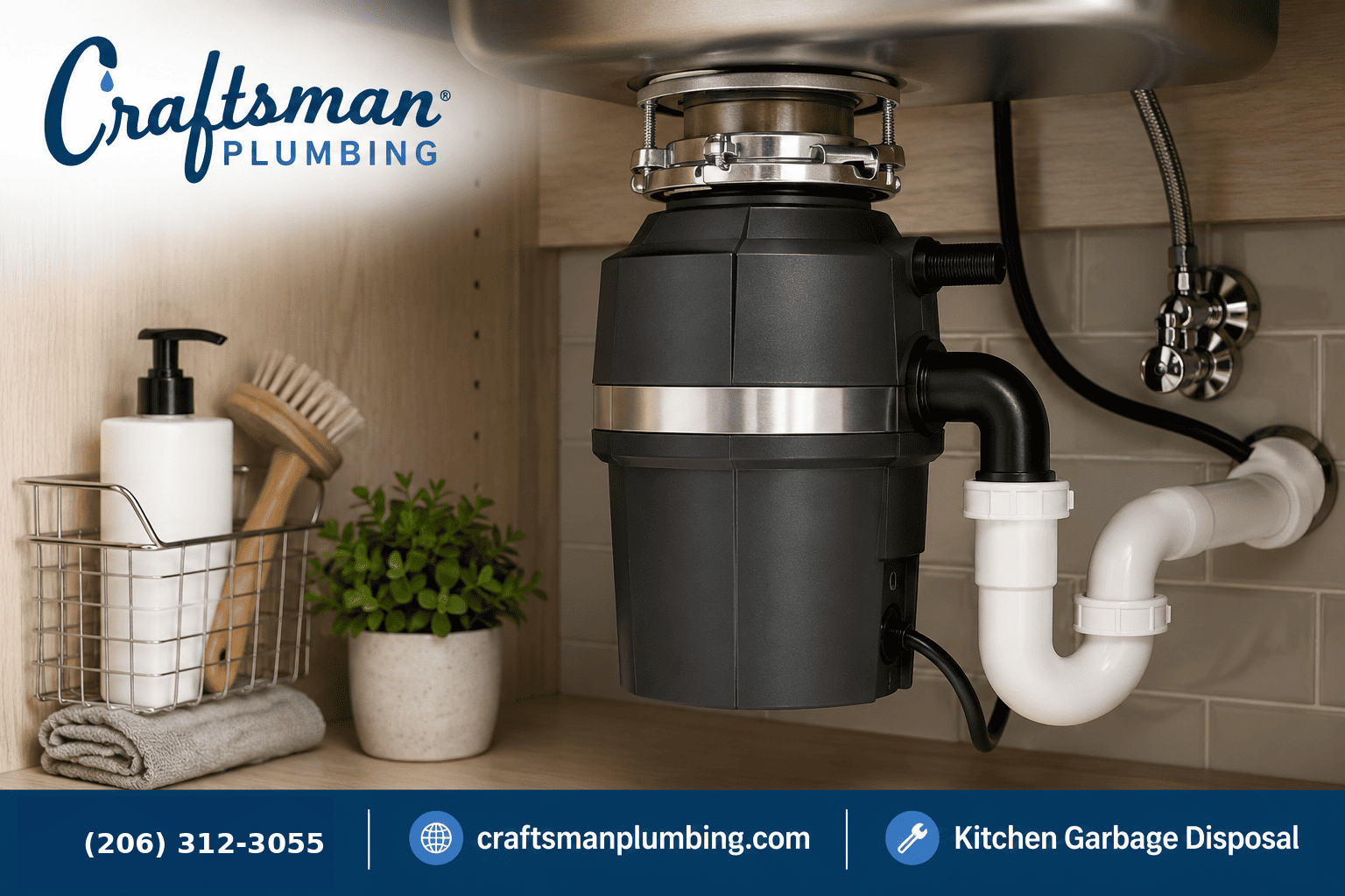 Kitchen garbage disposal installed beneath a sink, with the Craftsman Plumbing logo and footer